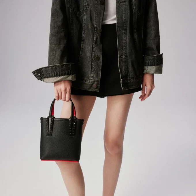 Cabata Mini – Tote Bag – Calf Leather and Spikes – Black