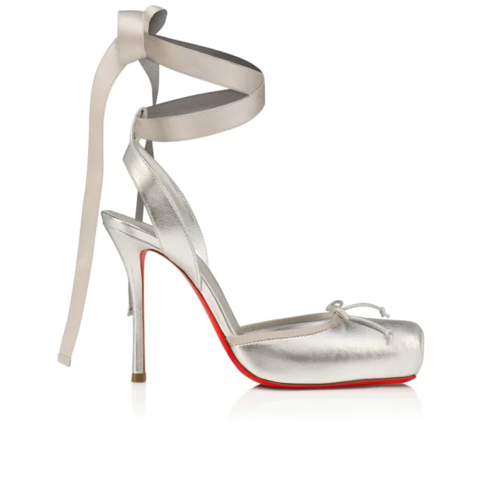 Cassia Lace up – 100 Mm Strappy Pumps – Laminated Lamb Nappa Leather – Silver – Women