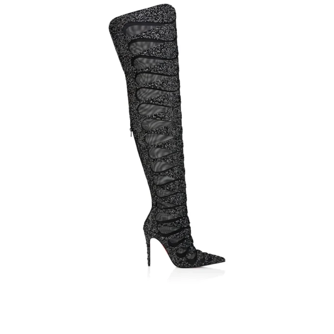 Circus Max Perla Botta Alta – 100 Mm Thighboots – Suede Leather, Mesh and Strass – Black – Women Christian Louboutin United States