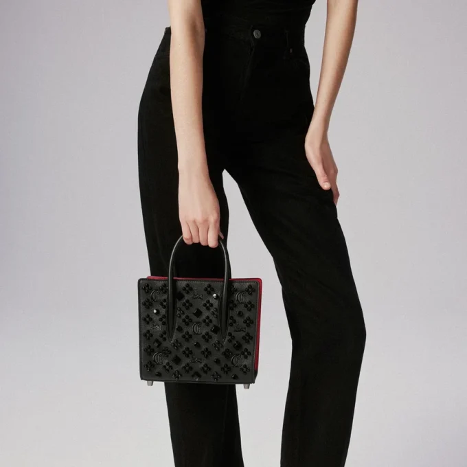 Paloma Mini – Top Handle Bag – Grained Calf Leather and Spikes Loubinthesky – Black