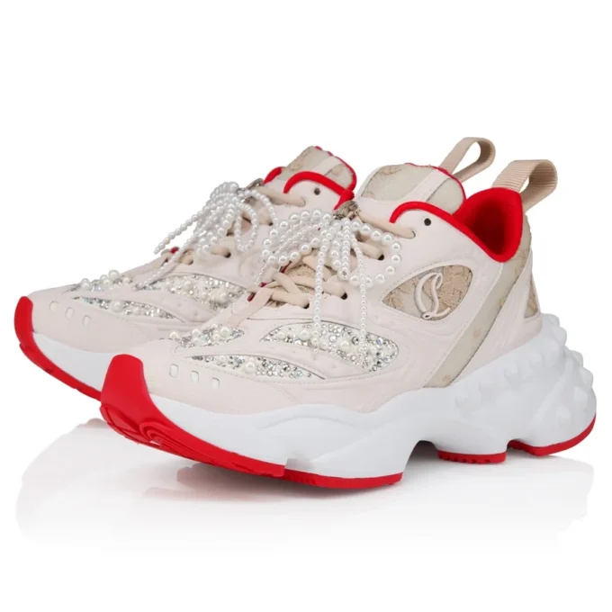 So Flo Perla – Running Sneakers – Laminated Calf Leather, Strass and Pearls – Pearl – Women